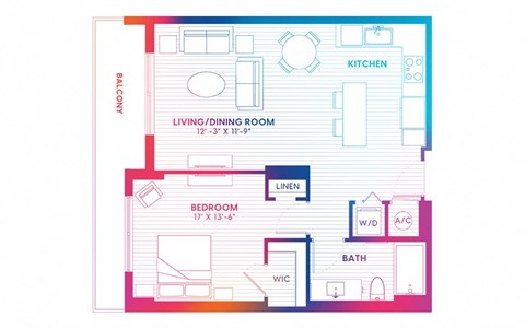 Floor plan for 1 bed, 1 bath, 742 sqft